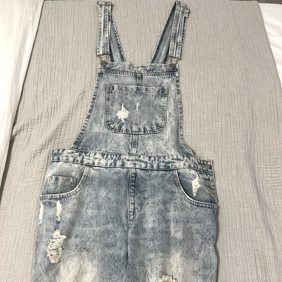 Long Distressed Denim Overalls - Picture 1 of 4